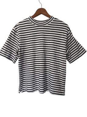 AYR Black White Striped Short-Sleeve  Cotton Preppy Contemporary Crewneck Top S